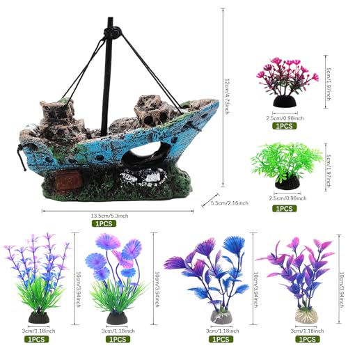 Aquarium Decoration Kit, Resin Shipwreck Ornament with 6 Artificial Aquatic Plants, Fish Tank Decor Set