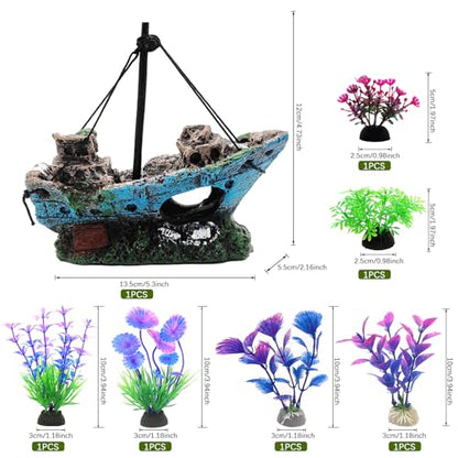Aquarium Decoration Kit, Resin Shipwreck Ornament with 6 Artificial Aquatic Plants, Fish Tank Decor Set