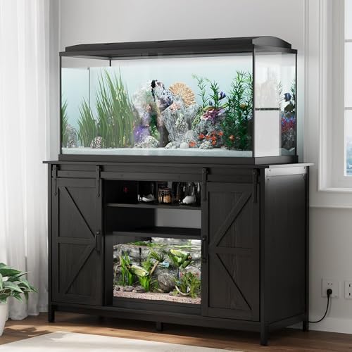 VOWNER Farmhouse 55-75 Gallon Fish Tank Stand with Power Outlet, Aquarium Stand with Storage Cabinet and Sliding Barn Door, Heavy Duty Reptile Tank Stand, for 2 Tanks, 1000LBS Capacity, Black