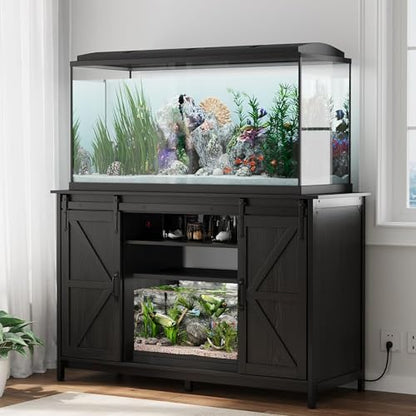 VOWNER Farmhouse 55-75 Gallon Fish Tank Stand with Power Outlet, Aquarium Stand with Storage Cabinet and Sliding Barn Door, Heavy Duty Reptile Tank Stand, for 2 Tanks, 1000LBS Capacity, Black