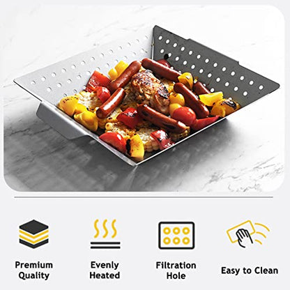 12 Inch Square Grill Basket, Stainless Steel BBQ Basket with Non-Stick Coating, Heat-Resistant Handle for Vegetables, Fish, Shrimp - Fits Gas/Charcoal/Electric Grills (Silver) - style: Grill Basket