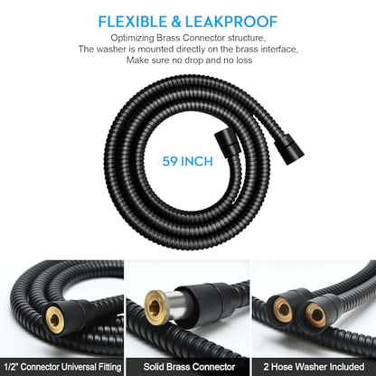 Shower Hose Extra Long 59 Inches Handheld Shower Head Hose with Brass Insert and Nut - Durable and Flexible - Black