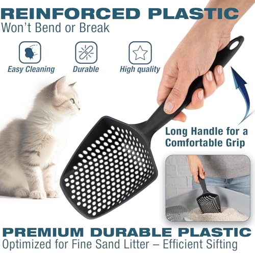 Set of 1 Fine Mesh Cat Litter Scoop with Small Holes, Deep Sifting Shovel for Litter, Reptile Terrarium Sand & Rabbit Pooper Lifter, Hanging Handle Poop Scooper (Black, Set of 1) - color: Black, size: Set of 1