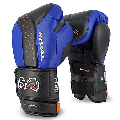 RIVAL Boxing RB10 Intelli-Shock Bag Gloves, Hook and Loop Closure - Ergonomic Fit, 1.25” of Closed Cell Foam for Intense Bag Use - color: Black/Blue, size: X-Large