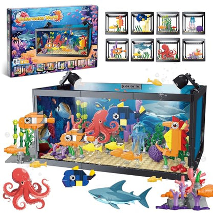 AKWME 8 in 1 Fish Tank Building Sets, Marine Aquarium Building Block with LED Light Party Favors 9 Model Toy Including Octopus Crab, Christmas Birthday Gifts for Boys Girls Kids Ages 6 8 10 12+