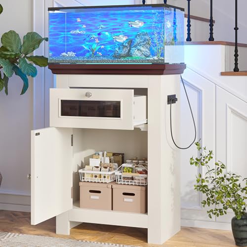 10-15 Gallon Aquarium Stand with Power Outlet (4 AC & 2 USB), Heavy Duty Fish Tank Stand with Adjustable Shelves, Storage Cabinet for Turtle Tank & Reptile Terrarium, 200LBS (10-15-Beige Brown) - size: 10-15-Beige Brown