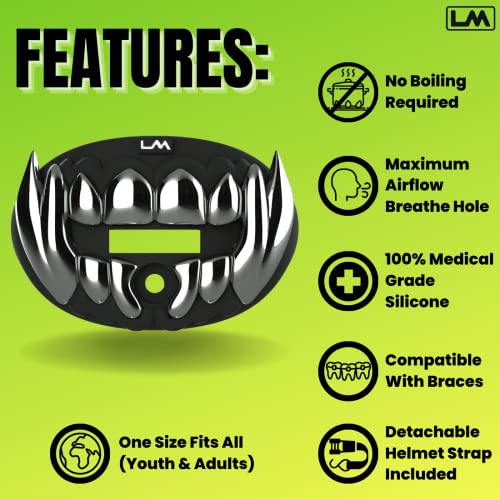 Loudmouth Football Mouth Guard for Youth & Adult - 3D Chrome Beast Silver Teeth Mouthpiece with Strap, No-Boil Braces-Friendly Sports Mouthguard (Chrome Black/Silver) - color: 3d Beast - Chrome Black/Silver