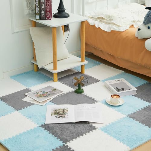 Amylove 36 Pcs Foam Interlocking Carpet Tiles,White, Gray, Light Blue - color: White, Gray, Light Blue