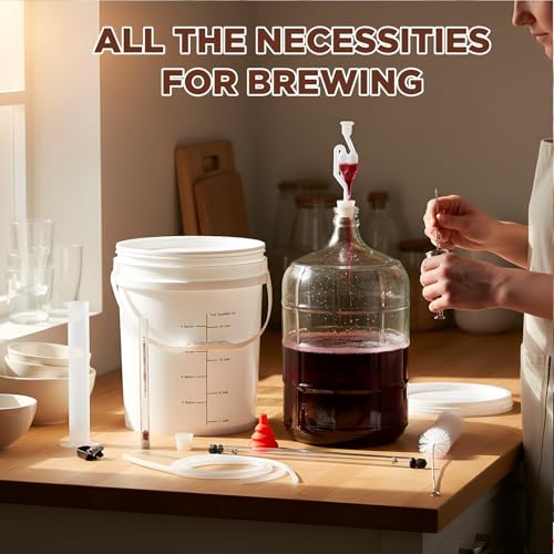 Wine Making Kit Include 5 Gallon Carboy, 6.5Gallon Bucket,Lid, Automatic Siphon, Hydrometer, Alcohol Percentage Tester, Bottle Filler, Airlock, Plug Funnel for Primary & Secondary Fermentation