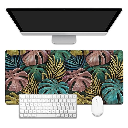 Colorful Tropical Palm Leaves Large Gaming Mouse Pad,Waterproof Desk Mat for Desktop,Non-Slip Rubber Base Mousepad with Stitched Edges for Laptop Office and Home 35.4X15.7 Inch - color: Colorful Tropical Palm Leaves