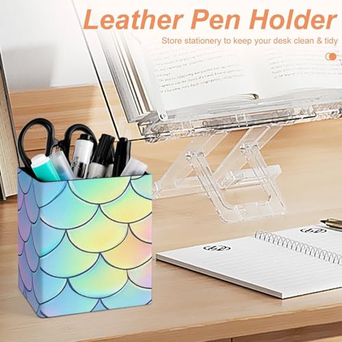 Women's Pen Cup Pencil Holder Makeup Brush Storage Beautiful Mermaid Fish Scale Leather Desk Organizer