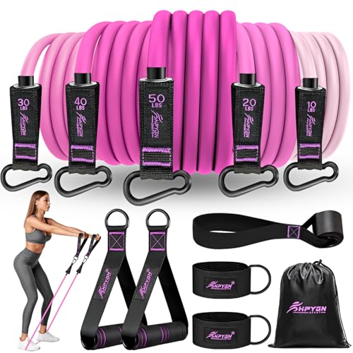 HPYGN Resistance Bands with Handles, 150 lb Exercise Bands for Home Workout - color: pink, style: 150LBS