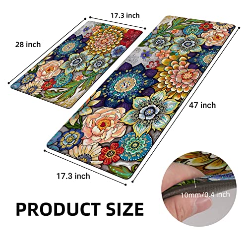 Boho Floral Kitchen Rugs Mats for Floor 2 Piece Memory Foam Padded Kitchen Mats Anti Fatigue Non Slip Cushioned Comfort Standing Mat, 17.3x28+17.3x47 Inch
