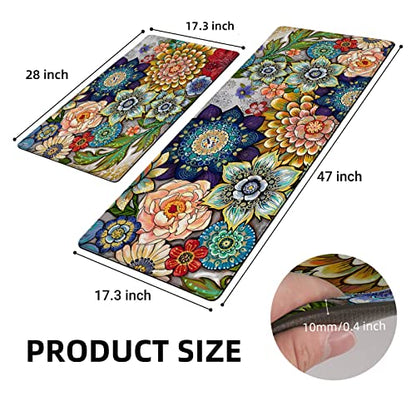 Boho Floral Kitchen Rugs Mats for Floor 2 Piece Memory Foam Padded Kitchen Mats Anti Fatigue Non Slip Cushioned Comfort Standing Mat, 17.3x28+17.3x47 Inch