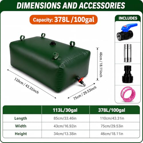 100 Gallon Water Storage Bladder, Premium Tear-Proof & Leakproof PVC Water Storage Tank, Portable Water Tank for Camping, Truck, RV Trips, Emergency, Outdoor & Wild Survival - size: 100 gallon