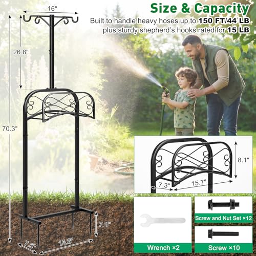 Garden Hose Holder for Outside 70" with 4 Prongs Base & 2 Shepherds Hooks Heavy Duty Freestanding Metal Water Hose Holder Stand Holds Up to 150FT Hose & 44LB Detachable Hose Storage for Yard