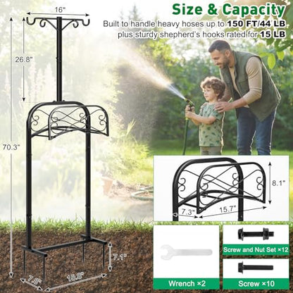 Garden Hose Holder for Outside 70" with 4 Prongs Base & 2 Shepherds Hooks Heavy Duty Freestanding Metal Water Hose Holder Stand Holds Up to 150FT Hose & 44LB Detachable Hose Storage for Yard