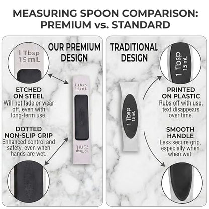 Magnetic Measuring Spoons,Stainless Steel Dual Sided Tablespoons,Extra Long Handle for Deep Jars,Heart-Shaped&Square Heads that More Easier to Excavate,Laser Markings,Non-Slip Grip(set of 5)