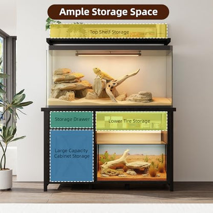 Reptile Tank Stand with Power Outlet, Terrarium Stand with Storage Cabinet, 49" X 20" Tabletop, Aquarium Stand with LED Lights, Reptile Terrarium,Turtle Tank (Oak) - color: Oak