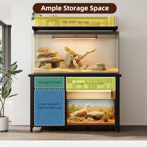 Reptile Tank Stand with Power Outlet, Terrarium Stand with Storage Cabinet, 49" X 20" Tabletop, Aquarium Stand with LED Lights, Reptile Terrarium,Turtle Tank (Oak)