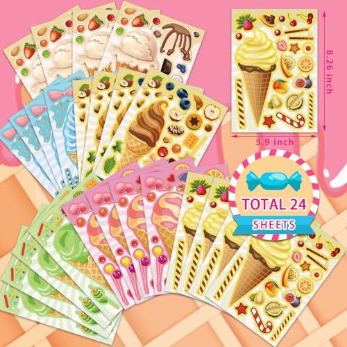 24 Sheets Ice Cream Stickers, Make-a-face Stickers for Kids Toddlers, Make Your Own Mix and Match Stickers, DIY Summer Ice Cream Stickers for Birthday Party Games Teacher Reaward - style: Ice Cream Stickers