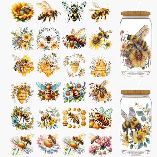 24pcs Bee UV DTF Cup Wrap for Glass Series UV DTF Cup Wraps for 16OZ Glass, Decorative Cups, Bottles, etc., Crafts, DIY Art Supplies Packaging Transfer Paper - style: Bee