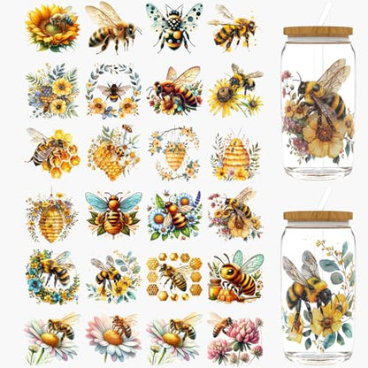 24pcs Bee UV DTF Cup Wrap for Glass Series UV DTF Cup Wraps for 16OZ Glass, Decorative Cups, Bottles, etc., Crafts, DIY Art Supplies Packaging Transfer Paper - style: Bee