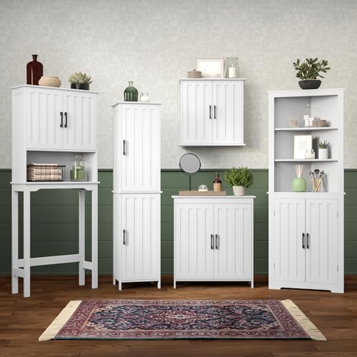 RiverRidge Monroe Two-Door Floor Storage Cabinet - Bathroom Storage Cabinet with Adjustable Shelves - Soft-Close Doors White Finish with Matte Black Handles