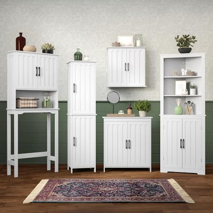 RiverRidge Monroe Two-Door Floor Storage Cabinet - Bathroom Storage Cabinet with Adjustable Shelves - Soft-Close Doors White Finish with Matte Black Handles