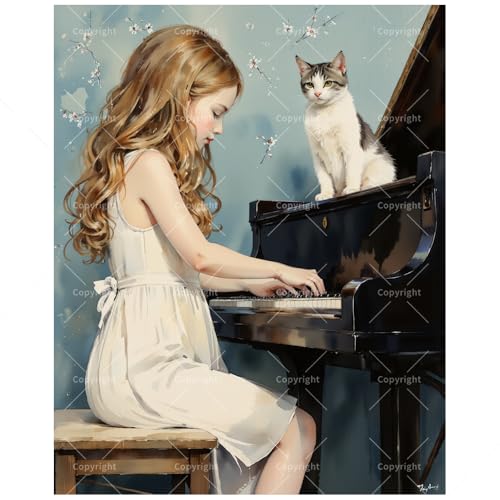 Musical Melody Paint by Numbers Kit for Adults - DIY Girl Playing Piano with Cat Painting on Canvas 12x16In, Framed Acrylic Paint Set, Suitable for Beginners, Art for Home Decoration or Gifts - color: TCXY04933-12X16IN framed