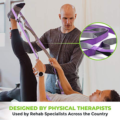 Stretching Strap for Physical Therapy, 12 Multi-Loop Stretch Strap 1" W x 8' L, Neoprene Handles, Physical Therapy Equipment, Yoga Straps for Stretching, Leg Stretcher. - color: Purple/Grey