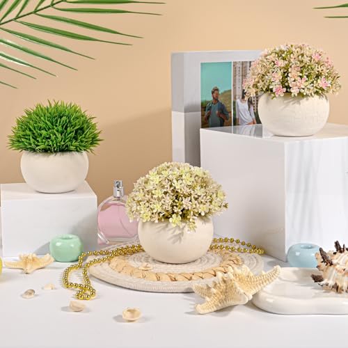 Fake Plants-3-Pack Mini Artificial Pulp Pot Decor, 2 Lilac Flower Balls & 1 Grass, No Maintenance for Desk Bathroom Home Office Shelf