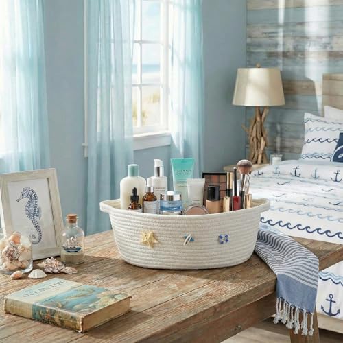 Boho Coastal Toilet Paper Storage Basket, Cute 3D Starfish Ocean Decor Cotton Rope Bathroom Storage Basket, Beach Bathroom Organizer Bin for Toilet Tank Counter Shelf Nursery, 12 x 8 x 5 Inch