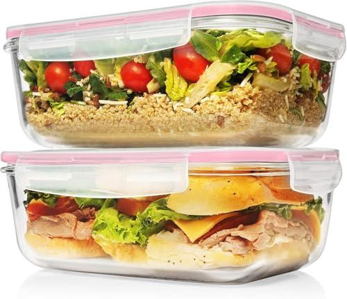 Razab 4 PC 1860ml / 63 Oz / 8 Cups Large Glass Food Storage Containers with Lids - Glass Meal Prep Containers for Roasting & Storing Leftover, Lunch Container with Lids, Microwave & Oven Safe - color: Pink
