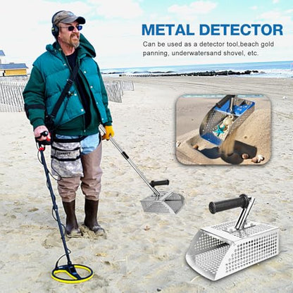 Sand Scoop for Metal Detecting - Metal Detector Sand Flea Rake for Beach with Anti Slip Handle Heavy Duty Stainless Steel Sand Sifter Shovel with Long Handle Ideal for Underwater Treasure Hunting