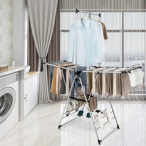 Tangkula 2-Layer Stainless Steel Drying Rack, Foldable Laundry Rack w/ 1 Hanging Bar & 2 Height-Adjustable Wings, 23 Drying Rails, Netting Clothe Drying Rack, No Assembly Required - size: 61.5" x 23.5" x 72"