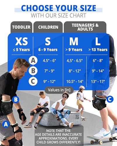 SKATEWIZ Kids and Adult Knee Pads and Elbow Pads Set 6pcs - incl. Carry Bag - color: Blue, size: M - Teenager Slim