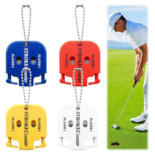 4 Pcs Golf Stroke Counters, Portable Golf Score Counter, 2-Player Score Counter for Golf Training, Tournaments & Games, Dial Resetting, Key Chain