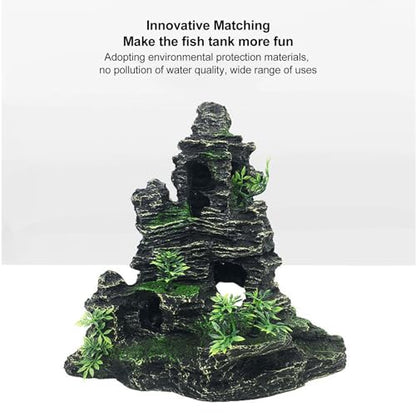 Aquarium Rockery Decoration, Fish Tank Resin Rockery with Hiding Cave, Realistic Mountain View Landscaping Stone for Freshwater and Saltwater Tanks, Safe Non -