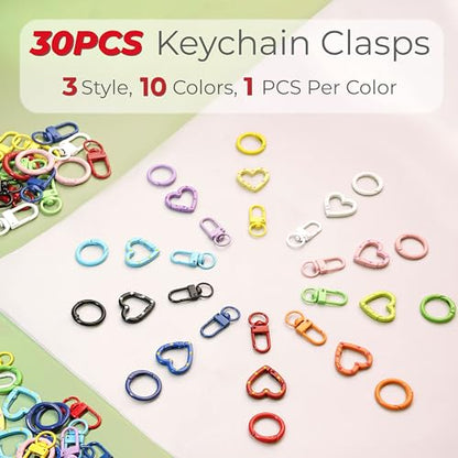 30PCS Keychain Clasp Set – 10 Colors Small Set with Lobster Clasps, Heart-Shaped Clasps and Spring O Rings for DIY Crafts, Gifts, Keychains & Classroom Projects - color: 10 colors-30pcs