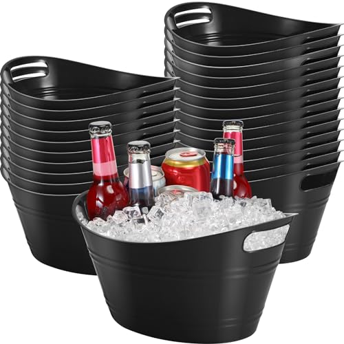 24 Pcs Oval Storage Tub with Handles, 4.5l Plastic Ice Buckets Bulk for Wine Beer Champagne Drink Cooler Beverage Storage Tub for Parties BBQ Weddings Party Outdoor Celebration(Black) - color: Black