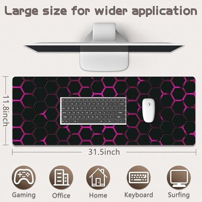 Gaming Mouse Pad - (31.5"×11.8") Honeycomb Large Mouse Pads for Desk - Desk Mat for Keyboard and Mouse with Non-Slip Base, Desks Pad Matfor Game/Office & Home（Black Rose Red） - color: Black Rose Red