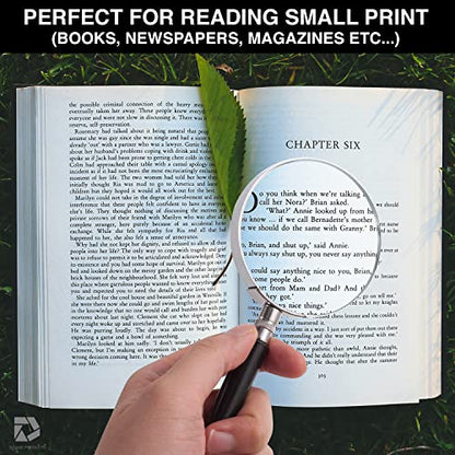 Classic Handheld Magnifying Glass - Portable Compact Design for Travel, and 3" Glass Lens with 3X Magnification for Reading Small Print, and Hobbyists, Black, (SON-DP-8119)