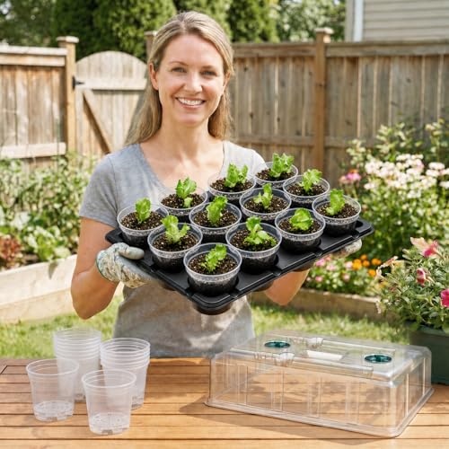 4 Inch Seed Starter Trays 2 Pack, 12-Cell | With Grow Light, Humidity Dome, 24 Pcs 4" Nursery Pots, Plastic Germination Kit - size: 4 Inch, style: 2 Pack Tray+Pots+Dome+Grow Light