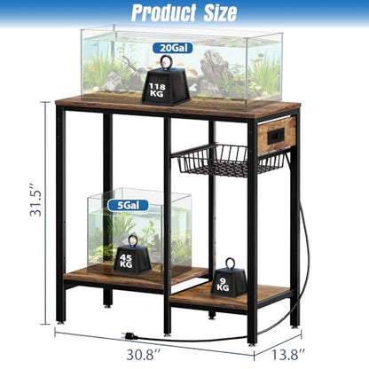 20 Gallon Fish Tank Stand with Power Outlet, Metal Aquarium Stand with Adjustable Shelves and Pull Out Wire Tray, Ample Storage for Fish Tanks Accessories, Reptile Tank Stands, Brown