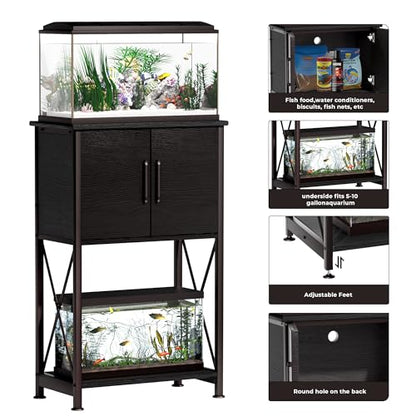 Herture 5-10 Gallon Fish Tank Stand, Metal Double Aquarium Stand with Cabinet for Fish Tank Accessories Storage, Heavy Duty 20.5" L* 11.02" W Tabletop, 500LBS Capacity Black PG06YGB