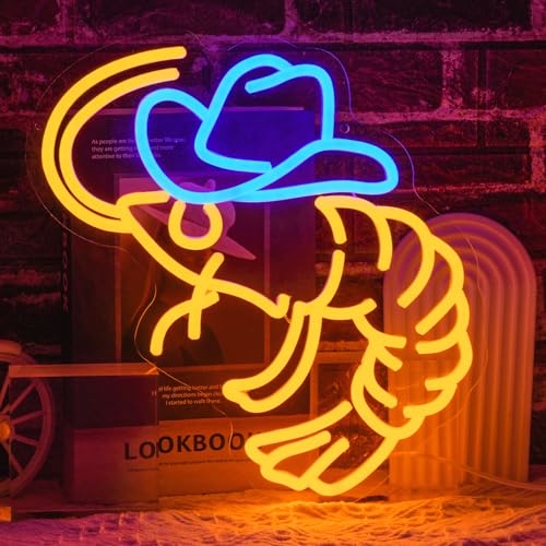 Cowboy Shrimp Neon Sign for Wall Decor, USB Powered Shrimp Neon Light Wall Art, Seafood LED Light Up Sign for Seafood Restaurants, Pub, Store, Man Cave - style: Cowboy Shrimp