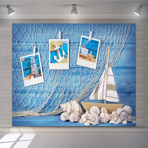 Blue Wooden Wall Nautical Backdrop Photography Sailing Adventure Rudder Seashell Sailing Wheel Helm Fishing Net Starfish Photo Backdrop Summer Nautical Party Baby Shower Birthday Background Decoration