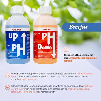 Hydroponics pH Up Down Solution pH Control Kit,pH Adjuster for Hydroponic, Aquaponic, Balance Nutrient Solution, Include pH Test Strips(8.45oz/250ml)