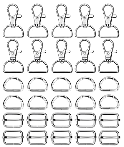 WAFJAMF 30Pcs Purse Hardware Swivel Snap Hooks D Rings Slide Buckles 1 In | Heavy duty metal clasps set for handbag making, DIY craft, strap, backpack, lanyard keychain & handbag fasteners, silver - color: Silver-2, size: 1” Inside Width